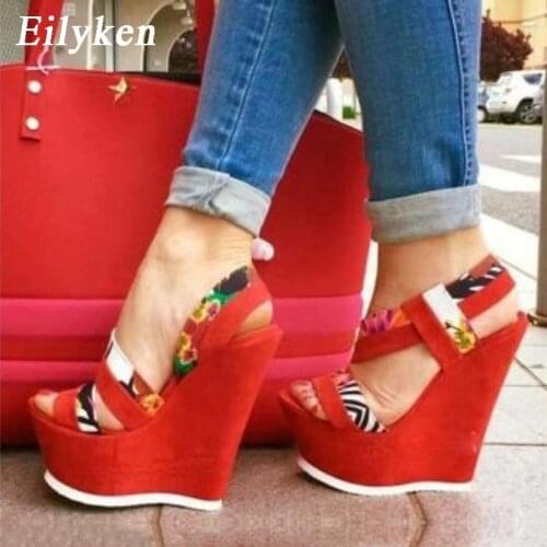 Eilyken Women Party Wedding Dress Shoes Fashion Flowers Printing Slip On Shoes Open Toe Platform Wedges Ultra High Heels
