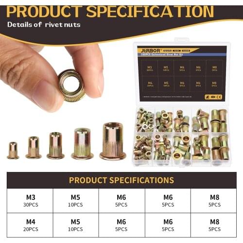 100PCS Zinc Plated Rivet Nuts Set Nutserts Threaded Insert Nutsert Cap Flat Head Rivet Nuts Carbon Steel M3 M4 M5 M6 M8
