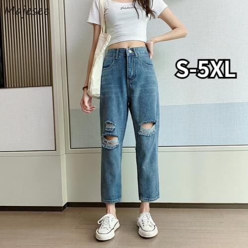 Jeans Women Ripped Hole Design Students Oversize S-5XL BF Streetwear Washed Straight Female Bottoms Y2k Fashion Pockets Casual