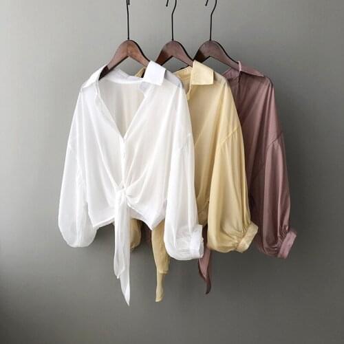 2020 Boho Summer Blouses Long Sleeve Lace-Up Hem Women Chiffon Thin Shirt Blusas Roupa Feminina Outwear