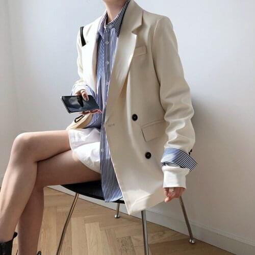 Ladies Casual Double-Breasted Solid Blazer 2021 Spring Autumn New Female Korean Fashion Chic Loose Notched Button Suit Outerwear
