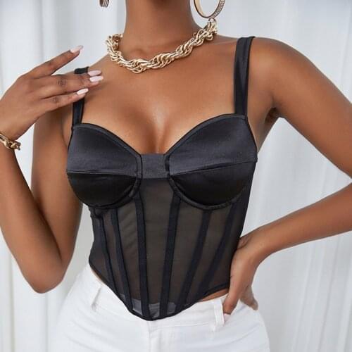 Musuos Women Corset Crop Tops Summer Club Streetwear Clothing Black Sling Strap Backless Slim Camisoles Mesh Splicing Vest S M L