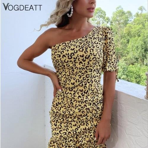 2021 Leopard Short Dress Women Cascading Ruffle High Waist Skinny Casual Dresses One Shoulder Ruched Summer Party Club Robe