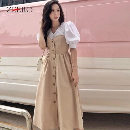 2020 Summer Spring Women Patchwork Lantern Sleeve V Neck Beach Midi Dresses Elegant Ladies Single Breasted Casual Vintage Dress
