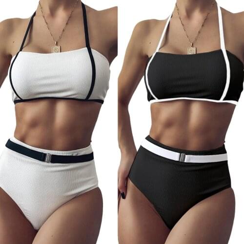 Womens Sexy Two Piece Split Bikini Fashion Solid Color Bandage Camisole and High Waist Thong for Vacation Beachwear