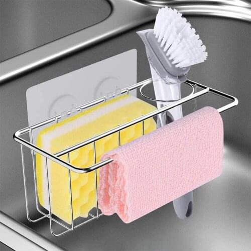 3-in-1 Sink Sponge Holder with Sticky Hooks Stainless Steel Storage Organizer Drain Rack for Kitchen Gadgets