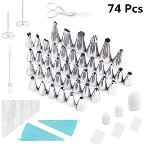74Pcs Silicone Icing Piping Cream Pastry Bag Stainless Steel Nozzle Pastry Tips Set Converter Cake DIY Decorating Tools Kit