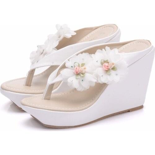 Women sandals wedding Party banquet Lace PU Rhinestones Slip On 10CM Wedges High Heels Round Toe sandal women shoes size 35-42