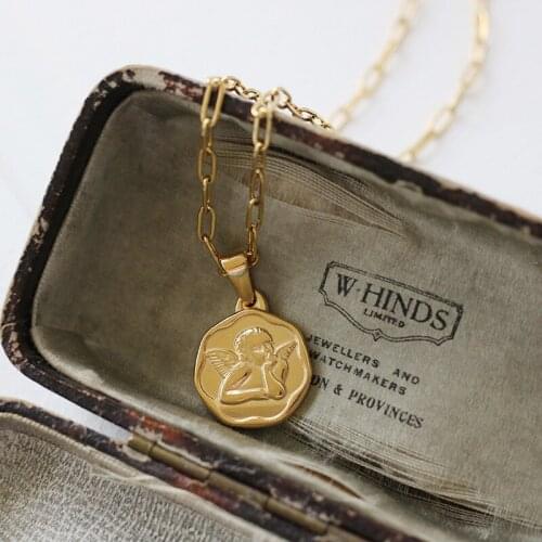 Hexagon baby angel gold long necklace for women stainles steel link chain sweater necklace vintage fashion jewelry 2021