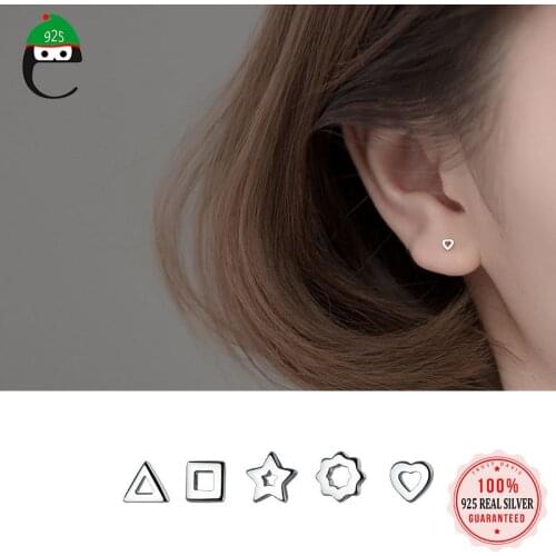 ElfoPlataSi Real 925 Sterling Silver Mini Hollow Star Triangle Heart Stud Earring For Women Teen Girl Friend Kid Jewelry DD965