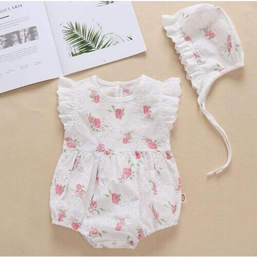 Summer Baby Girls Clothes Suit Sleeveless Cotton Hollow Out Flower Romper+Hat Newborn Baby Girls Jumpsuit Korean Style