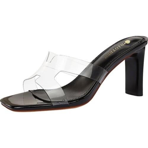 Korean version new summer cold slippers daily womens shoes thick heel high heel transparent hollow open toe slippers 1903-1