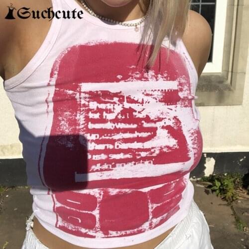 SUCHCUTE Harajuku Print Y2K Slim Outfits Tank Tops Streetwear Fashion Casual Fitness Vests Vintage Women Summer 90s Crop Tops