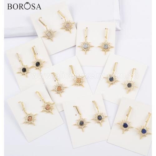 BOROSA 5Pairs Natural Druzy Earrings Cubic Zirconia Pave Star Shape Champagne Drusy Drop Earrings ZG0385