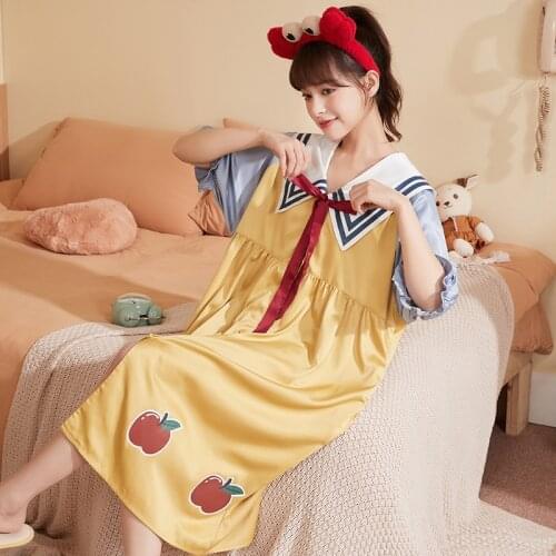 Women Night Dresses Satin Silk Sleeping Nightwear Sexy Summer Short Sleeved Cardigan Long Nightgown Womens Pajamas Sleepwear