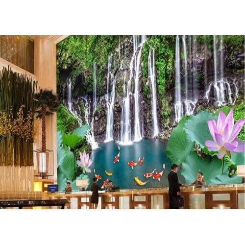 Custom mural 3d room wallpaper Landscape waterfalls lotus carp wall papers home decor 3d wall murals wallpaper for walls 3 d