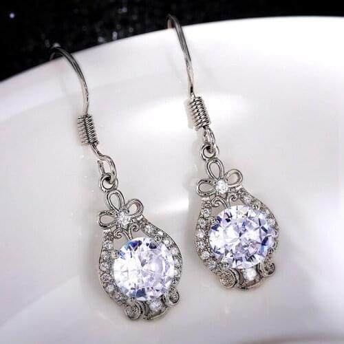 YH-ZL Luxury Female Crystal Drop Earrings Classic Silver Color Dangle Earrings Dainty Bridal Wedding Earrings For Women