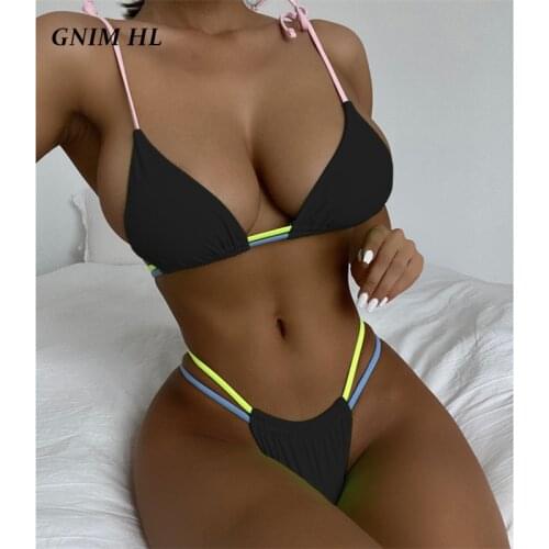GNIM Sexy Triangle Bikini Swimwear Women 2 Pieces Solid Bandage Micro Swimsuit Female Beachwear High Cut Backless Women Biquini