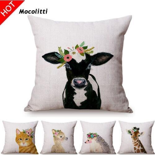 Cute Watercolor Painting Cat Bunny Cattle Kids Nursery Art Room Decorative Throw Pillow Case Cotton Linen Animal Cushion Cover