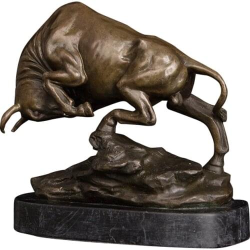 ArtsHom DW-060 Animal Angry Bull Sculpture Statue Bronze Marble Base Wall Street Bull Cattle Art Figurine Study Office Decor