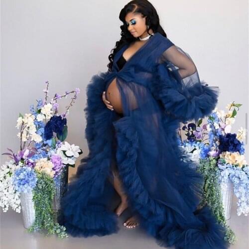 Navy Maternity Robe A Line Frilled Long Sleeves Maternity Gown Customize Maxi Skirt Photoshoot Robe Boudoir Tulle Dress