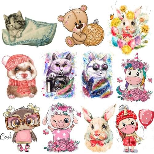 Cartoon Cat Unicorn Patches Iron-On Transfers For Clothing Stickers Cute Bear Owl Thermal Heat Transfer For Kids Clothes Appliqu