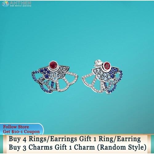 Ahthen 925 Sterling Silver Stud Earring China Blue&Pink Fan Statement Stud Earrings Cubic Zirconia Stud Earrings Women Earrings