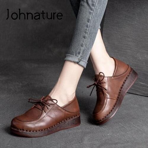 Johnature Pumps Women Shoes Retro Genuine Leather Lace-Up Round Toe 2021 New Autumn Handmade All-Match Wedges Ladies Shoes