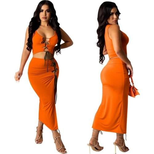 2021 Summer Womens Fashion Casual New Sexy Vest Sleeveless Solid Color Bandage Vest Top Two Piece Wrapped Mid Length Skirt