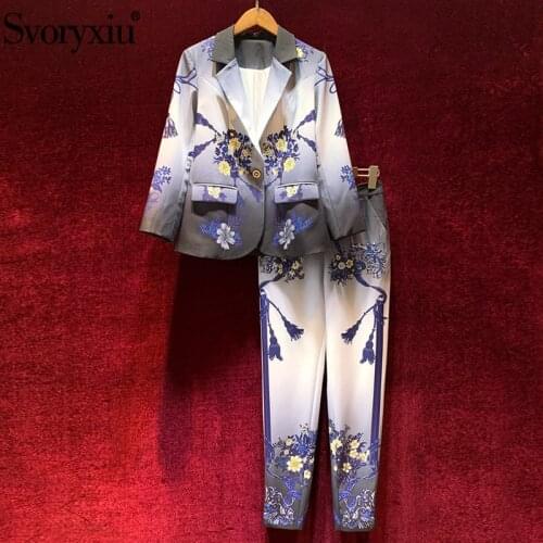 Svoryxiu Runway Designer Autumn Winter Two Piece Set Womens Vintage Flower Print Single Button Jackets + Pants Twinset