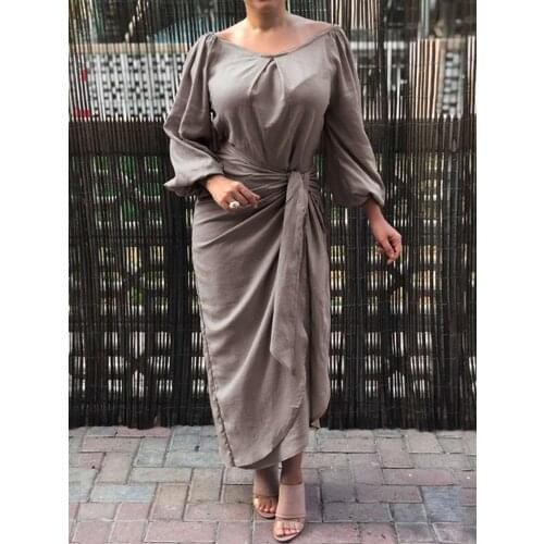 Women Maxi Long Dress Celmia Lantern Sleeve Asymmetrical Elegant Party Dresses Casual Loose Pleated Long Vestidos Belted Robe