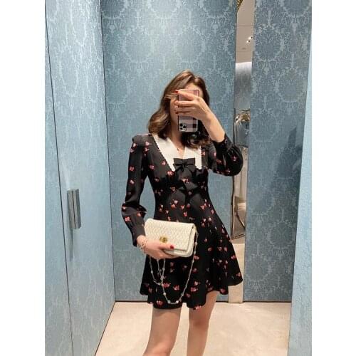 100% Silk 2021 Luxury Design Peter Pan White Embroidered Collar Sweet Style Printed Chiffon Dress