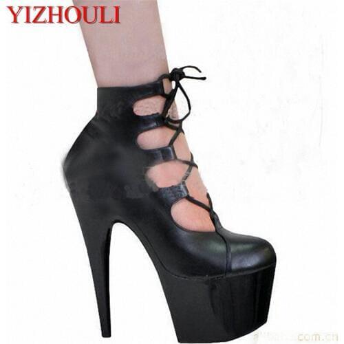 15cm Mature seduction mysterious black sexy ultra high heel shoe, Roman style hollowed out high heels Dance Shoes