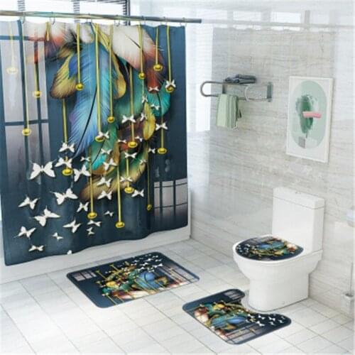 4pcs/set Bathroom Mat Set Non-slip Bath Mat Coral Fleece Print Feathers Shower Curtain Floor Mat Washable Bathroom Toilet Rug
