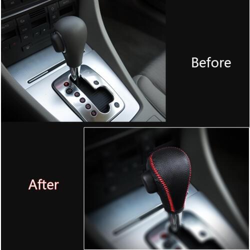 For AUDI A4 2018 Gear Shift Knob Cover Genuine Leather Hand Sewing Black Leather Black/Red Thread Handbrake Cover Car accessory