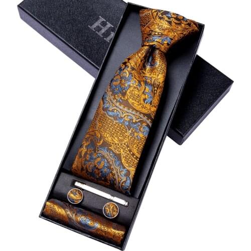 Hi-tie Luxury Mens Tie Glod Paisley Floral Silk Set Gift for Men Necktie for Men Fashion Hanky Cufflinks Set High Quality Black