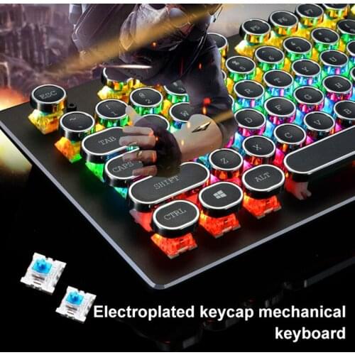 Gaming Keyboard Retro Round Glowing Keycap Backlit USB Wired Metal Panel Illuminated Border Round Button Mechanical Keyboard