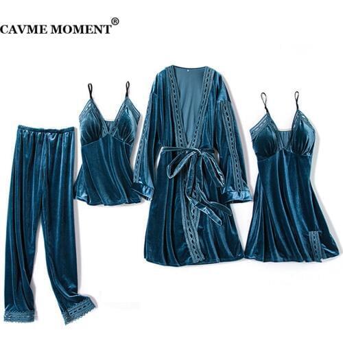 CAVME Velour Pajama Sets Women Winter Pajma Set for Ladies 4 Pieces Full Sleeve Pants Sexy Lace Solid Color PLUS SIZE
