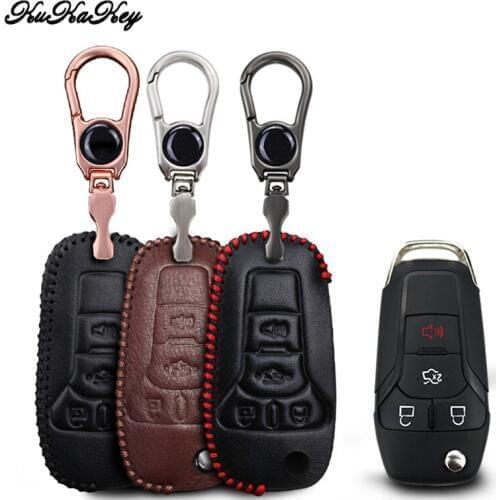 Leather Car Key Cover with Key Holder Key Case For Ford 2017 Focus 2 Fiesta Ka Fusion F150 F-150 Mustang Explorer Kuga Ecosport