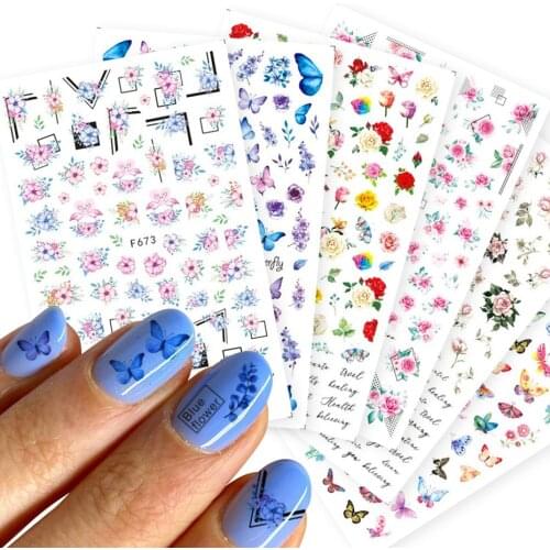 Beautiful Blue Nail Stickers Arts Butterflies Flowers Black Pink Slider for Nails Water Manicure Decals DIY Decoration Wholesale