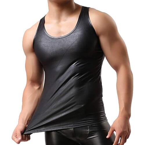 3XL Sexy Mens Tank Tops Sleeveless PU Leather Undershirts T-shirts Clubwear Streetwear Latex Underwear Gay T Shirts Plus Size