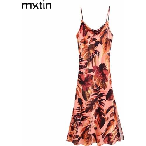MXTIN 2021 Women Summer Fashion Floral Print Split Midi Dress Vintage Sexy V Neck Sleeveless Backless Female Party Dresses Mujer