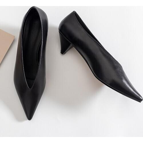 Pu Leather/ Flock Grandma Office Ladies Shoes Small Thin Heels Slip On Womens Shoes Spring Autumn Tip V Mouth Women Pumps Shoes