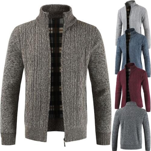 Autumn Winter New Casual Mens Sweater Collar Thick Sweater Male Leisure Cardigan Jacket Solid Color Warm Sweater Men