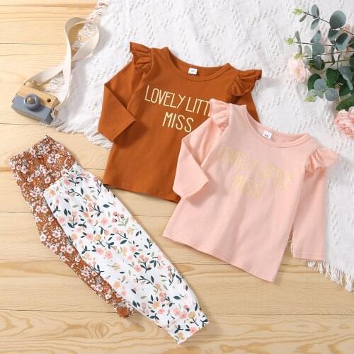 1-6Y Kids Girls Autumn Clothes Sets 2pcs Letter Long Sleeve Pullover T Shirts Tops Floral Printed Pants Outfit