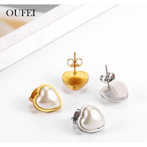 OUFEI Stainless Steel Jewelry Woman Vogue 2019 For Lovers Charm Heart Pearl Stud Earrings Fine Jewelry Accessories Bohemian