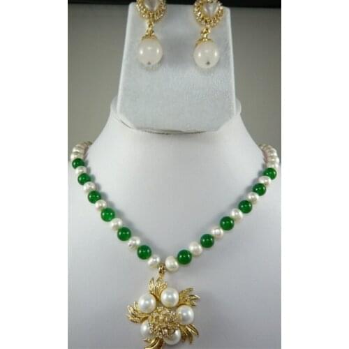Natural fresh water Pearl green jade flowers Pendants necklace + earring set