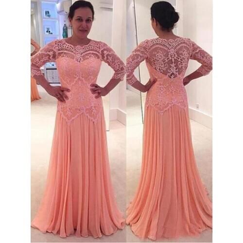 Coral Lace A Line O Neck Mother of the Bride Dresses With Three Quarter Sleeves Chiffon Wedding Party Gowns