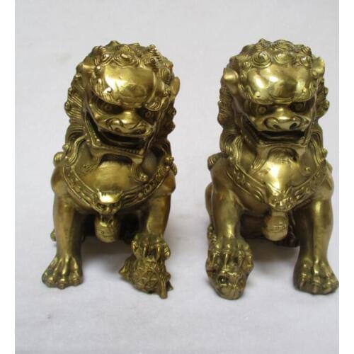 Wedding Decorations/Art Collection 6" Chinese Brass Carved Lucky Fu Foo Dog Statue/Feng Shui Lion Sculpture