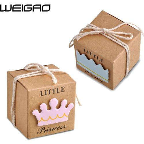 WEIGAO 20/40pcs Kraft Paper Candy Box Bags Baby Shower Boy Gifts For Guests Little Prince/Princess Crown Happy Birthday Present